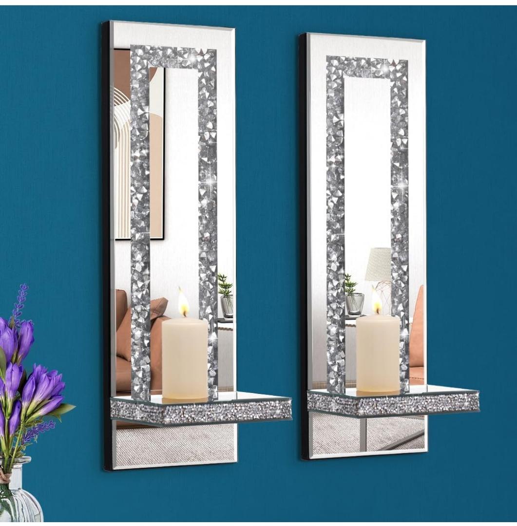 Crystal Crush Diamond Mirrored Candle Sconces, Silver Wall Candle Holder Set of 2, Wall Decorations for Living Room，Dining Room (Rectangle Stripe (Style 4))