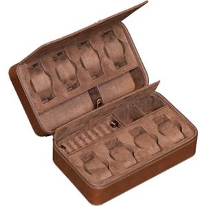 ROTHWELL 8 Watch Travel Case Storage Organizer for 8 Watches, Sunglasses, Rings & Cufflinks |Tough Portable Protection with Zipper Fits Most Wristwatches & Smart Watches Up to 50mm (Tan/Brown)