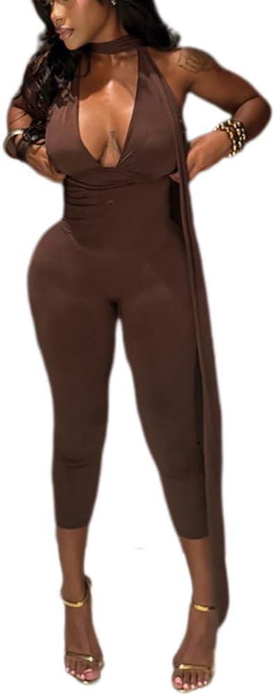ksotutm Sexy Bodycon Halter Deep V Neck Backless Long Jumpsuits Romper Slim Casual Workout Club Pants One Piece Outfits (Medium, Brown)