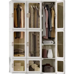 Portable Wardrobe Closet Storage Organizer for Clothes,Transparent Door Panels,Suitable for Living Room, Bedroom,Plastic Wardrobe with Magnetic Door and Easy Assembly (3 Hanging Rod) (3 Hanging Rod)
