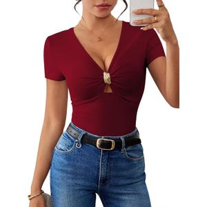 Pink Queen Women Summer Tops Stylish Deep V-Neck Short Sleeve Shirt with Metal Ring Decor (Small, Burgundy)