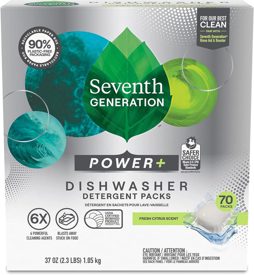 Seventh Generation Power+ Dishwasher Detergent Packs Fresh Citrus scent 1 for sparkling dishes Dishwasher tabs 70 count