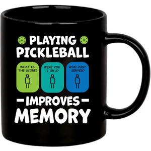 Playing Pickleball Improves Memory Pickleball Ceramic Mug Pickleball Lovers Gifts Coffee Cup 11 oz (Black)