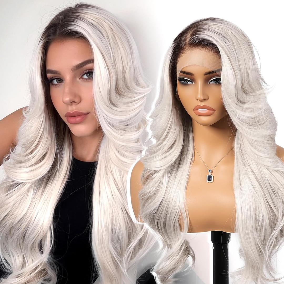 Platinum Blonde Synthetic Lace Front Wig,13x4 HD Lace Layered Wave Glueless Wigs for Women Daily Use 26IN