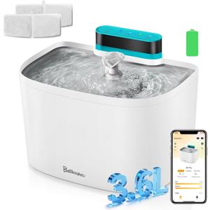 Cat Water Fountain, App Control Wireless Cat Fountain, 122oz/3.6L Pumpless Water Fountains for Cats Indoor with Stainless Steel Tray, Wi-Fi Dog and Pet Water Fountain (White, Fountain+2 Fliters)