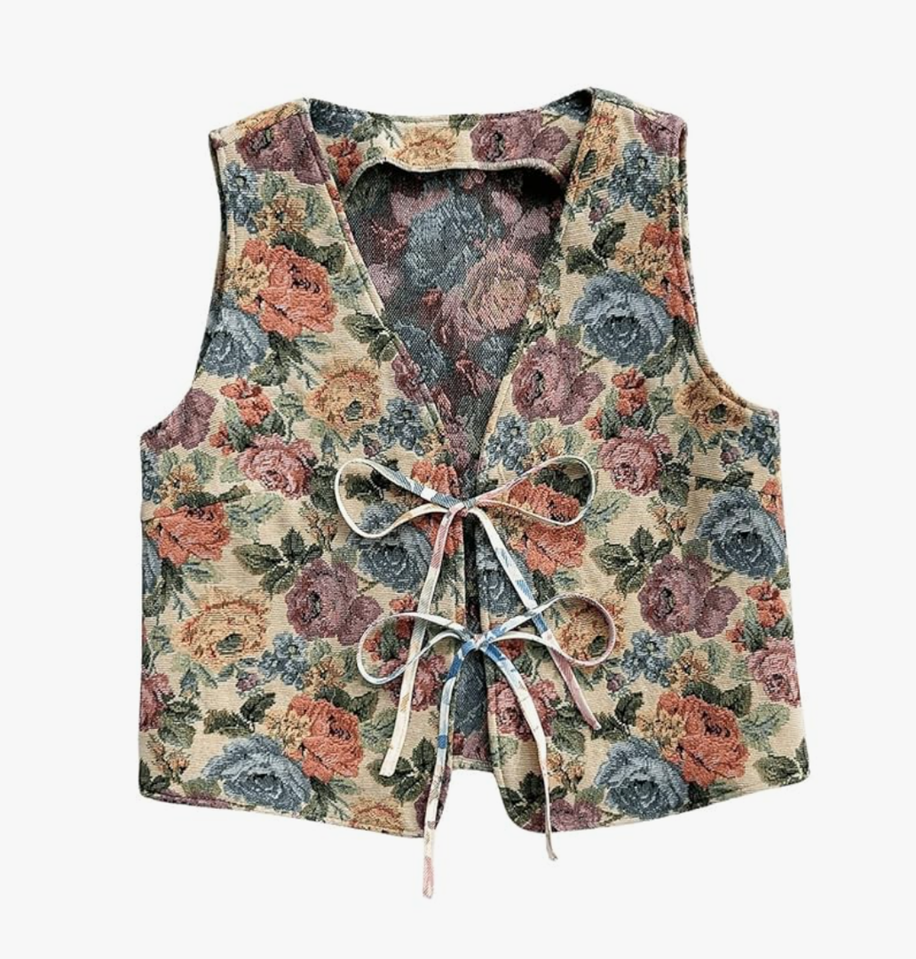 Verdusa Women's Vintage Floral Print Bow Tie Cowgirl Vest V Neck Sleeveless Jacket Outerwear, Size M
