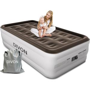 DIVON Twin Air Mattress with Built in Pump Raised, 2 Min Self Inflatable Mattress, 18 Blow up Mattress for Adults, 330 LBS Portable Air Bed for Guest, Camping, Travel & Floor, Brown