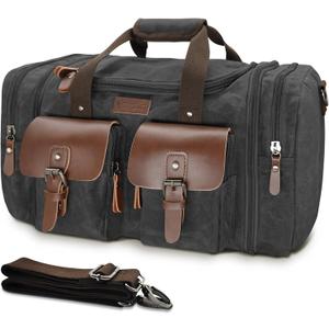 Wildroad 60L Travel Duffel Bag, Expandable Waxed Canvas Genuine Leather Duffle Bag Upgraded Overnight Weekender Bag Carry on Bag (Vintage Black, X Large-60L)