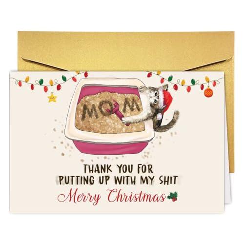 UUEFKTN Funny Mom Christmas Card from Cat, Humorous Cat Mom Christmas Card&Gift for Her, Xmas Thank You Cards Gift for Cats Lover Mommy Wife Mother Women, Pac Of 2