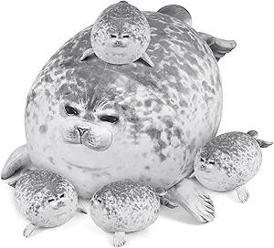 KMUYSL Toys for Ages 0 1 2 3 4 5 6 7 8+ Years  Plush Mommy Stuffed Animal with 4 Babies in Her Tummy, Soft Plush Toys Set, Christmas Birthday Gifts for Girls Boys Baby, Toddler, Kids (Seal Toys)