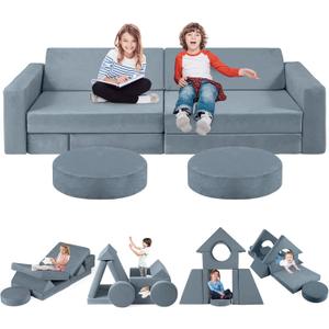 2025 New Modular Kids Play Couch, 12pcs Toddler Sofa Couch Building Fort, Versatile 300+DIY Creativing Playroom Bedroom Furniture for Toddlers. Convertible Kids Sofa and Cushion for Boys and Girls (Grey)
