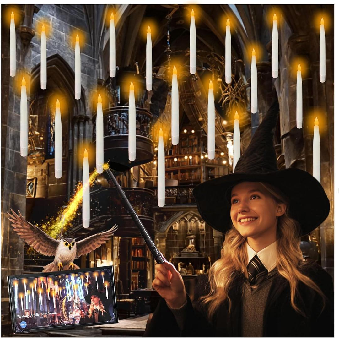 18Pcs Floating Candles with Magic Wand Remote, Battery Operated Flameless Taper Candles, Flickering Warm LED Light Window Candle for Halloween Decorations Christmas Wedding Party Decor