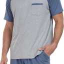 PrinStory Mens Pajama Sets Summer Pjs Sleepwear Nightwear Lightweight Quick Dry Soft Short Sleeve Sleep Set (Large, Gray Blue)