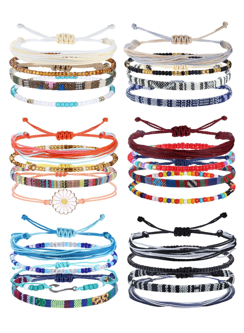 LOLIAS 24 Pieces Waterproof String Bracelets for Women Surfer Wave Boho Bracelet Adjustable Handmade Friendship Bracelet String Ocean Beach Boho Bracelets Anklets for Women