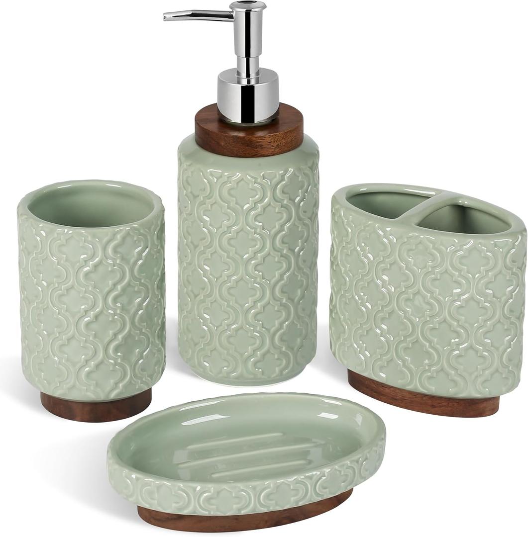 RQYIXI 4 Piece Bathroom Accessories Set, Green Ceramic Bath Accessory Set with Wood Accents, Soap Dispenser, Toothbrush Holder, Tumbler and Soap Dish, Elegant Bathroom Countertop Decor