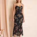 KUTUMAI Women Bodycon Long Formal Dress Asymmetric Hem Lace Neck Wedding Guest Cocktail Maxi Dresses BlackFloral L (L)
