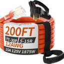 RV 30 Amp to 110 Adapter Extension Cord 200 FT, NEMA TT-30P to NEMA 5-15R Heavy Duty Outdoor RV Electrical Adapter with Grip Handle, 12AWG 15Amp 125V 1875W, Black-Orange, ETL Listed (200FT)