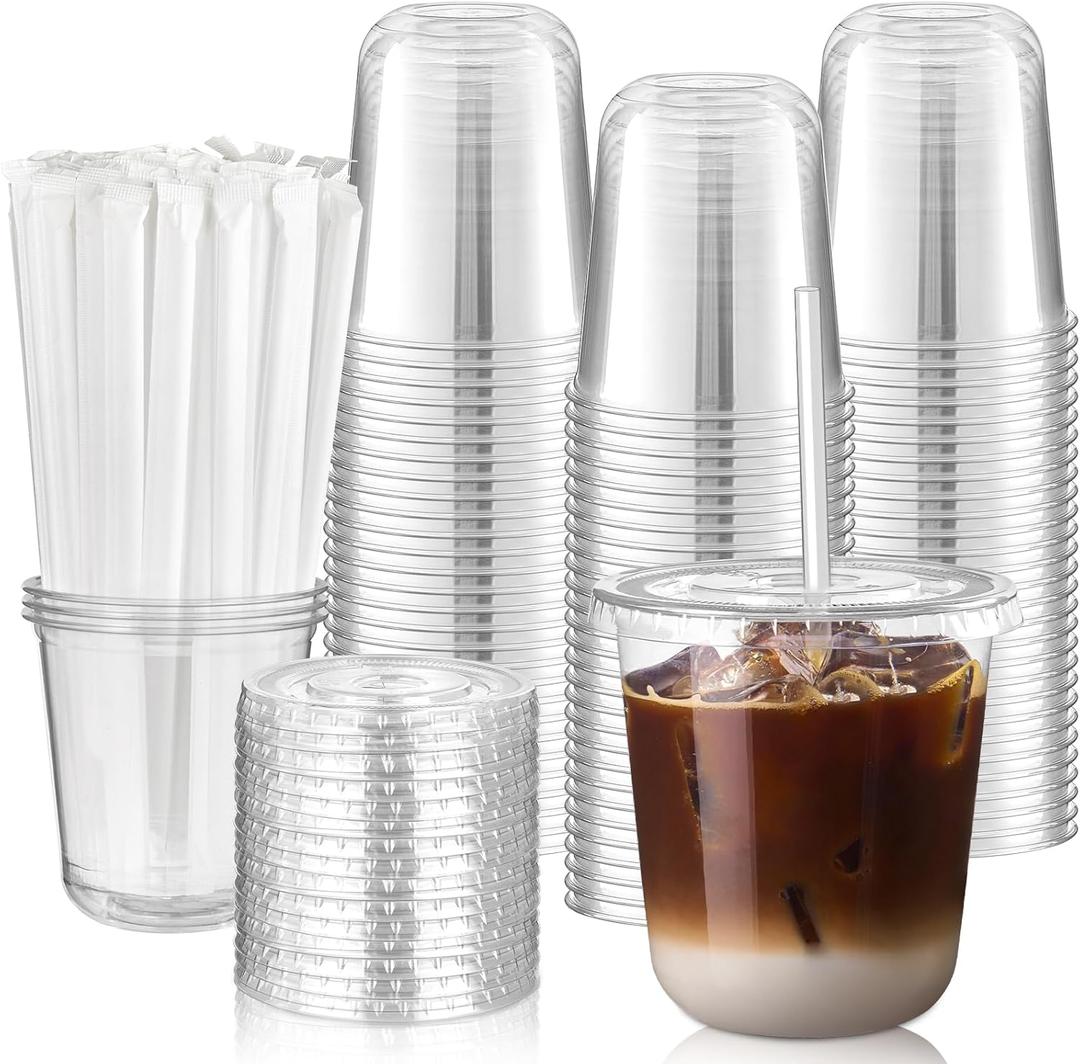100 Pack 12 oz Round Bottom Clear Plastic Cups with Lids and Straws, Disposable Iced Coffee Cups To Go Cups for Cold Drinks, Smoothie, Juice, Milkshake