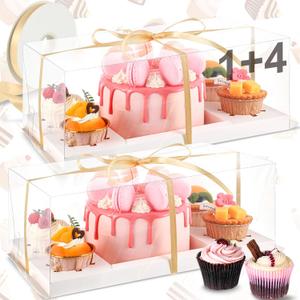 6 Pack 1+4 Bento Cake Boxes Bento Cakes and Cupcakes Combo Clear Box Fit 4 Cupcakes and 1 Mini Cake for Wedding Birthday Party Mother's Day Treats Donuts Muffins Bakery Supplies