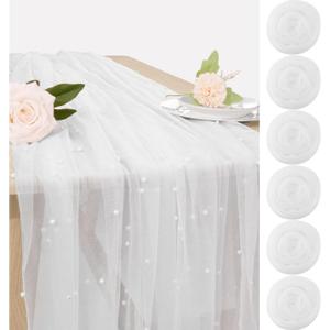 Set of 6 Pearl Table Runner 29 x 120 Inch White Tulle Fabric Lace Table Runners Boho Rustic Table Runners for Bridal Shower Birthday Party Wedding Arch Veil Dessert Table Decor(White)