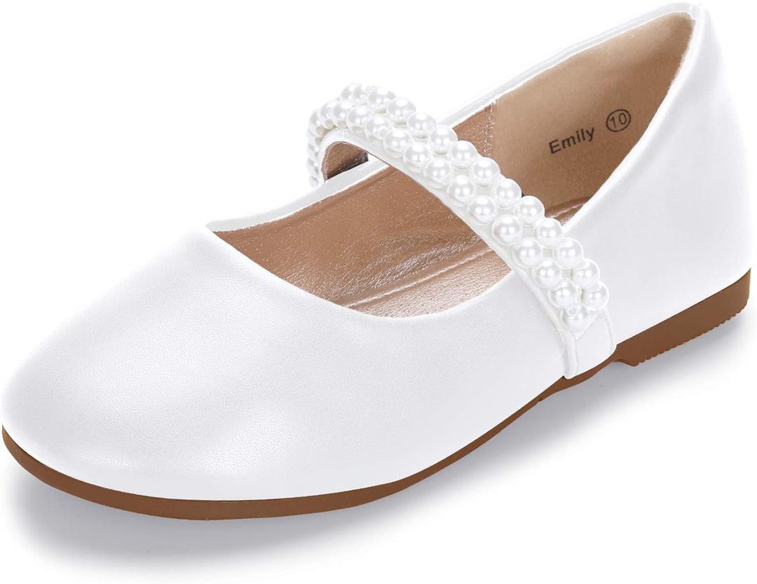 Hehainom Toddler Flower Girls Dress Shoes, Mary Jane Princess Ballet Flats with Bow and Peals for Party School, Size 12 Little Kid