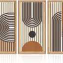IARTTOP Large Mid Century Modern Wall Art Framed Abstract Geometric Wall Art Set of 3 Wood Boho Wall Decor for Living Room Bedroom Office 16 x32 Inch (beige and brown)