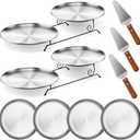 Domensi 9 Pcs Pizza Pan Riser Stands Sets Includes 2 Pcs Tiered Tray Stand 4 Stainless Steel Pizza Pan and 4 Wood Handle Knife for Home, Restaurant Party(Silver)