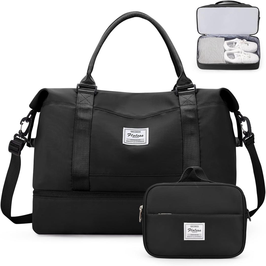 Weekender Bags for Women, Personal Item Travel Bag with Shoes Compartment, Overnight Travel Duffel Bag with Toiletry Bag (Large, Black)