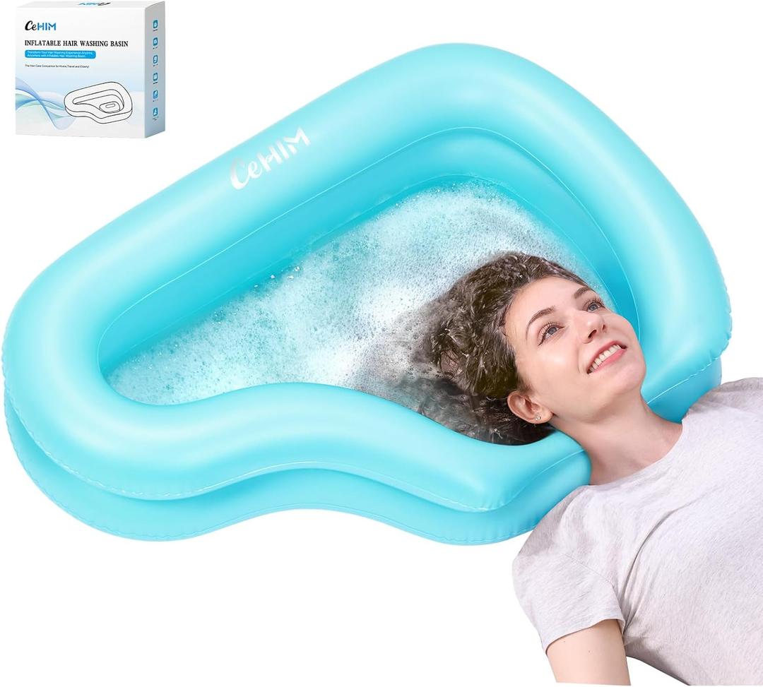 Inflatable Portable Shampoo Bowl, Hair Washing Bowl with Drain Hose & Neck Support, PVC Inflatable Shampoo Bowl for Bedridden Patients, Disabled, Seniors, Kids, Home Care (Blue, Large)