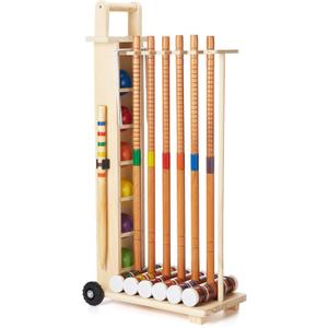 6 Player Croquet Set for Adults with Wooden Stand, Wooden Rubber Mallets, Upgraded Resin Colored Balls and Steel Wicket for Family & Friends, Great for Outdoor Lawn, Backyard Park, 3 inches , 33.9 inches
