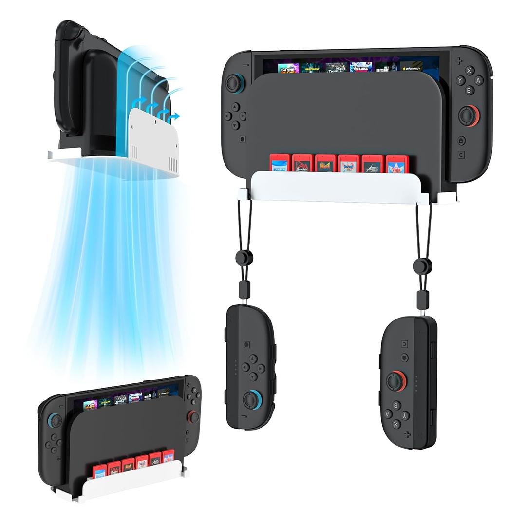 EJGAME Wall Mount Bracket Compatible with Nintendo Switch 2, Metal Space-Saving Organizer with 6 Game Card Slots & 2 Joy-Con Holders,Safely Store Switch 2 Console Near or Behind TV (White)
