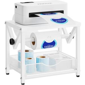 Marbrasse Label Holder for Rolls and Fanfold Labels, Metal Thermal Label Printer Holder with Drawer, Shipping Label Stand, Sticker Roll Holder for Home, Office, Small Business,White