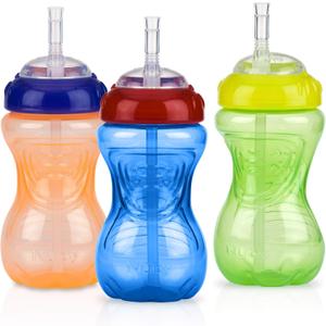 Nuby No-Spill Sippy Cup with Flex Straw - (3-Pack) 10-Ounce Bottles - Sippy Cups for Toddlers 12+ Months - Neutral Color Training Cups for Toddlers (Blue, Green & Yellow)