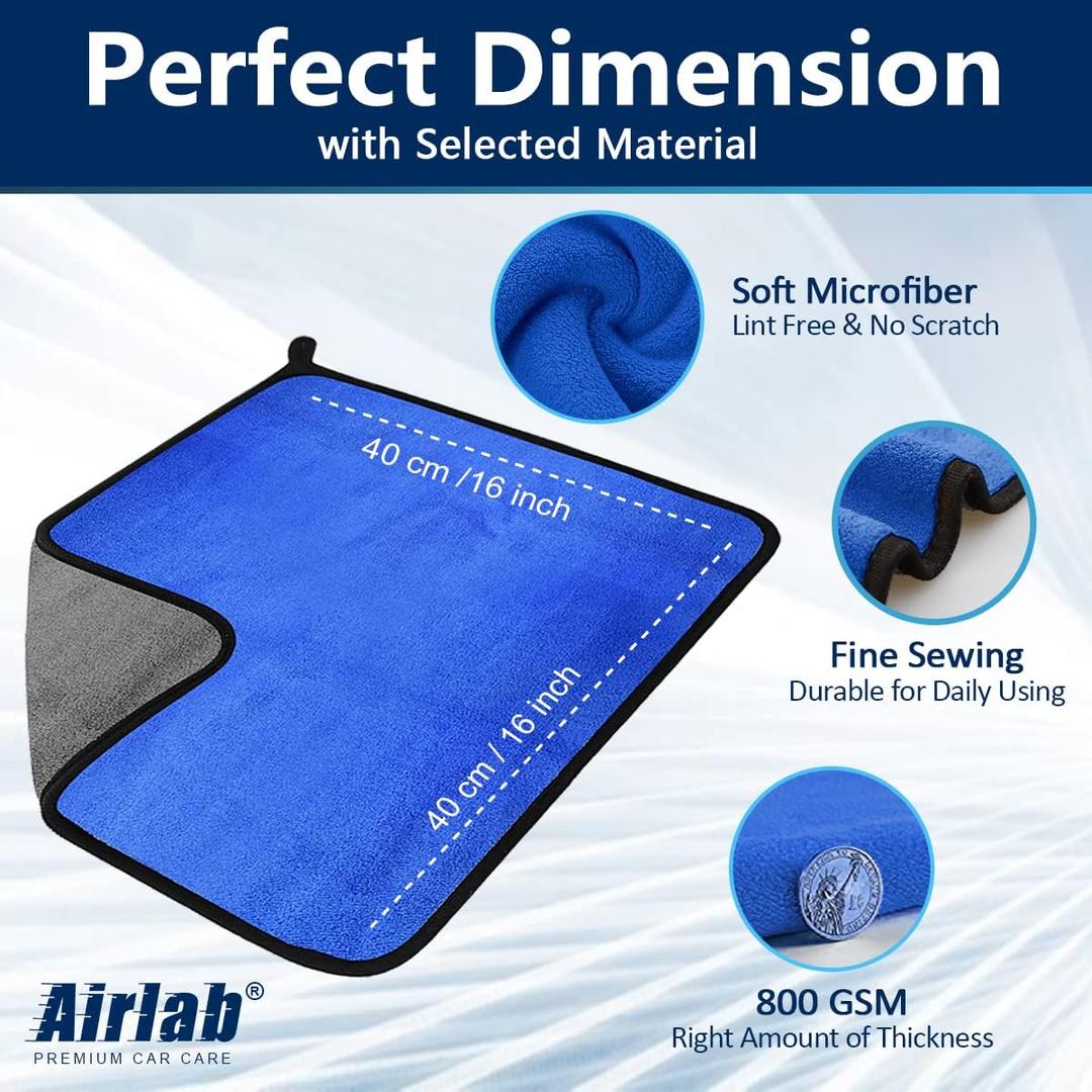 Airlab Microfiber Towels for Cars Wash Drying Thick Plush Cleaning Cloth Auto Detailing Super Absorbent for Interior & Exterior Lint Free, Streak Free, 16" X 16", 800 GSM, Pack of 3