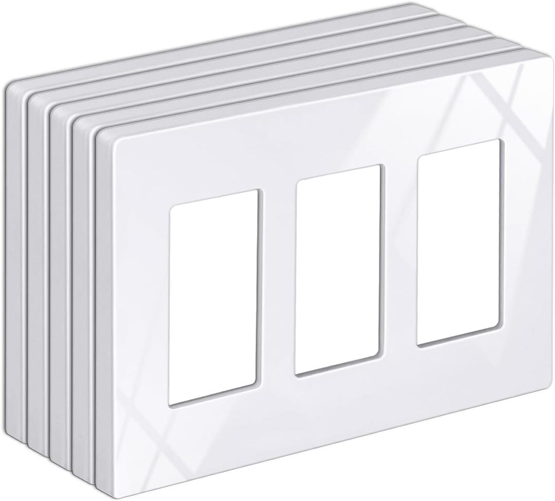 BESTTEN 5 Pack Screwless Decorative Wall Plate, 3-Gang Decorator Outlet Cover, Decor Switch Cover, USWP6 Gloss Snow White, H4.69” x W6.54”, Wallplate for Dimmer, GFCI, USB Receptacle