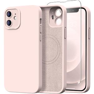 Designed for iPhone 12 Mini Case with Screen Protector - Upgraded Camera Protection - Wireless Charging Compatible - Silicone Protective Phone Case 5.4" for Men Women Girls - Light Pink