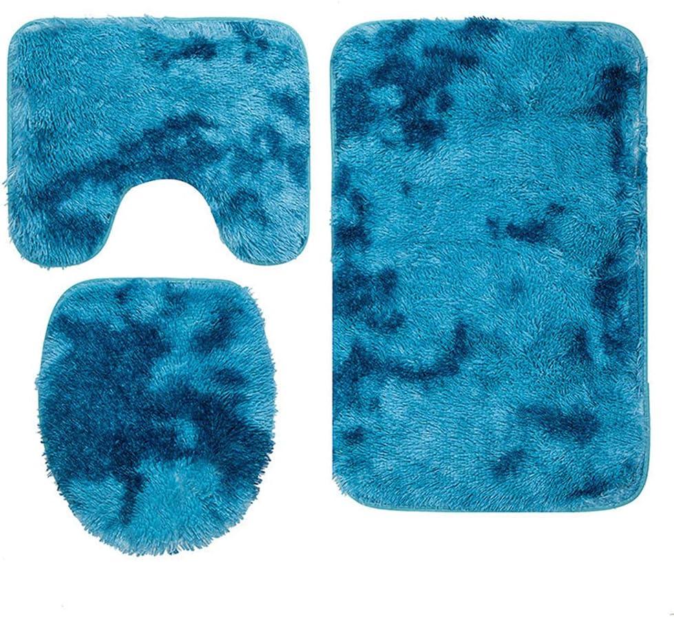 Reyox 3 Pieces Shaggy Bath Mat Set, Soft Absorbent Plush Microfiber Bathroom Rugs, Non Slip Bath Rugs Tie Dye Blue 3 PCS (3 PCS 20"x31"+U Shape 20"x16"+Lid 15"x16")