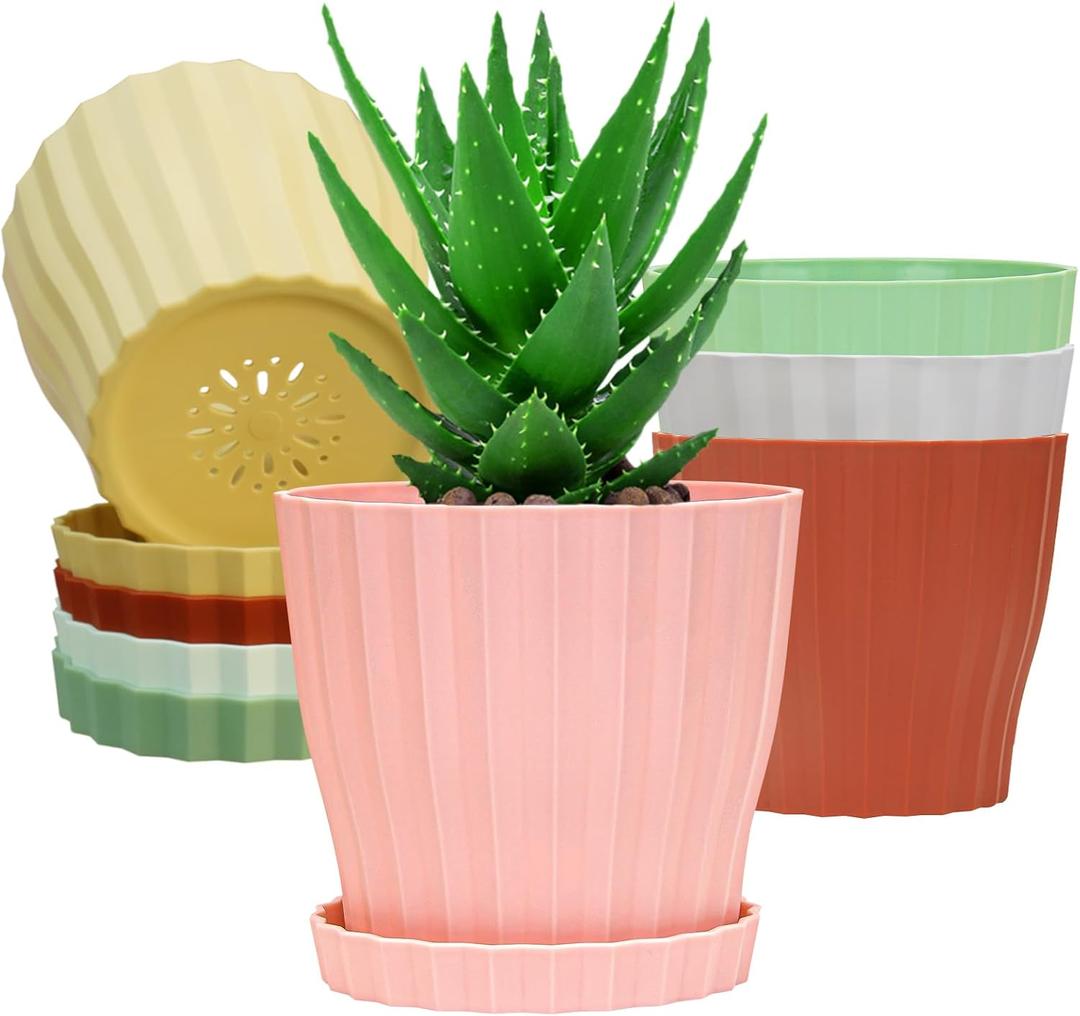 6 inch Flower Pots for Plants with Drainage Holes and Saucer, 5 Pack Plastic Plant Pots Indoor Planters for Outdoor Plants Small Garden House Home Decor, Nursery Pots for Succulent Colorful