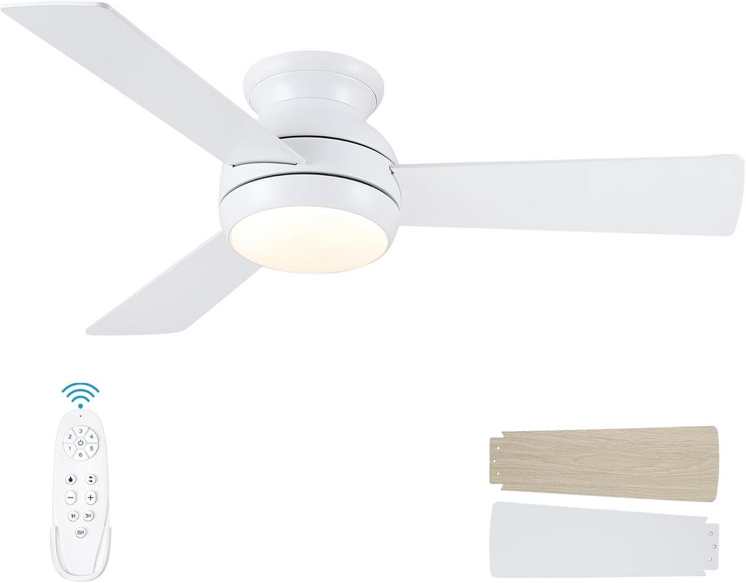 42 Inch Ceiling Fans with Lights and Remote, Low Profile Ceiling Fan with Light Flush Mount, Reversible, 6 Speeds, 3CCT Dimmable White Ceiling Fan for Bedroom Dinning Room Indoor