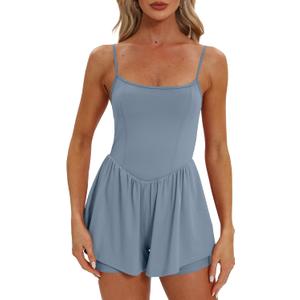 Beaully Women's Summer Sleeveless Athletic Rompers Spaghetti Strap Double Lined Shorts Jumpsuit One Piece Outfits (Medium, Blue)