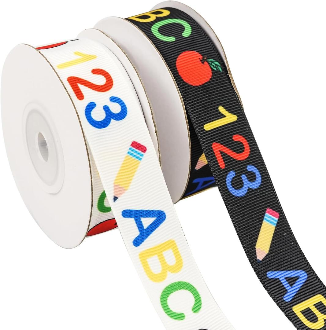 2Rolls Back to School Ribbon for Crafts, ABC Pencil Ribbons Ruler Teacher Ribbons School Decoration Fabric Decorative Craft for First Day of Kindergarten Wreath Bows Gift Wrapping DIY Crafts Sewing
