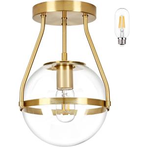 8 Inch Mid Century Ceiling Light Modern Gold Semi Flush Mount Ceiling Light with Clear Glass Shade Globe Semi Flush Mount Ceiling Light Fixture for Bedroom Hallway Bathroom Foyer (Bulb Incl.)
