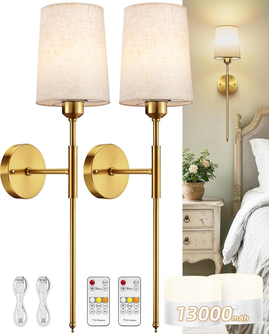 Battery Operated Wall Sconce Set of 2, Pleated Rechargeable Wall Sconces Battery Powered Wall Sconces Dimmable Battery Powered Wall Lights for Bedroom Living Room