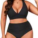 Yonique Women's Two Piece Plus Size Halter Bikini Swimsuits Tummy Control Bathing Suits High Waisted Swimwear, Black, 12W