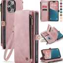 Defencase Compatible with iPhone 16 Pro Case Wallet with RFID Blocking Card Holder for Women Men, PU Leather Magnetic Snap Flip Zipper Strap Wallet Phone Case Fit for iPhone 16 Pro 6.3", Rose Pink