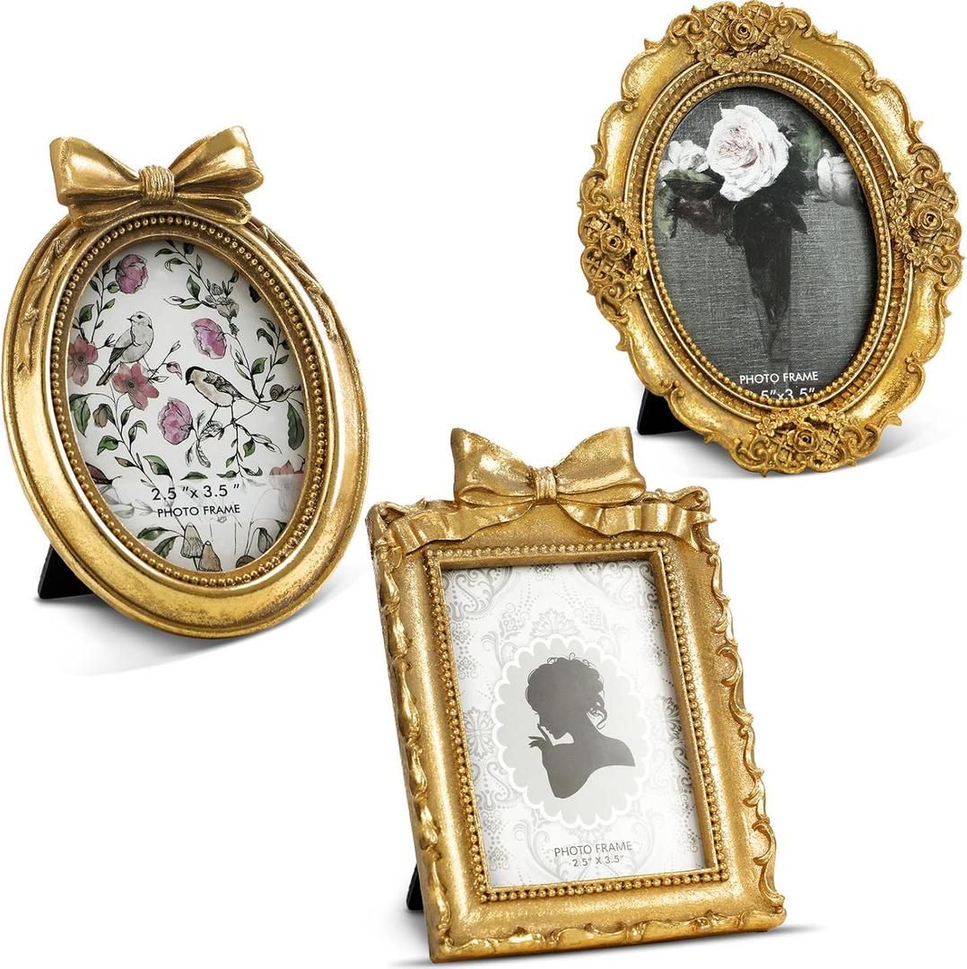 Vicenpal 3 Pcs Tiny Small Picture Frames Vintage Oval Resin Gold Black Vintage Baroque Ornate Antique Picture Frames for Home Wedding Display(2.5 x 3.5 Inch,Gold)