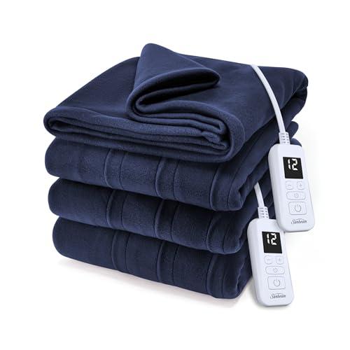 Sunbeam Royal Ultra Fleece Heated Electric Blanket Queen Size, 62" x 84", 12 Heat Settings, 12-Hour Selectable Auto Shut-Off, Fast Heating, Machine Washable, Warm and Cozy, Indigo