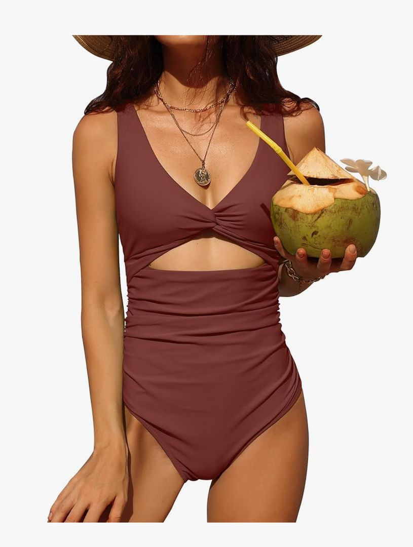 Charmo Womens One Piece Swimsuit Ruched Tummy Control High Cut Backless V Neck Bathing Suits Swimwear, Size M