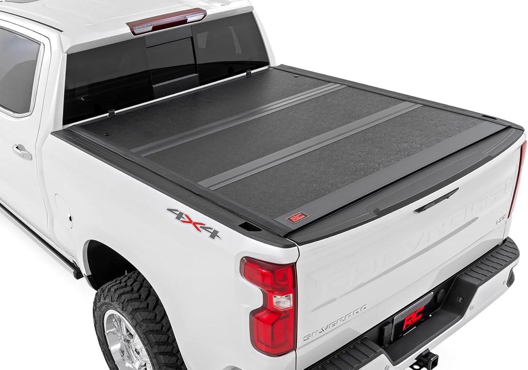 Rough Country Hard Tri-Fold Tonneau Cover for Ram 1500 (2009-2018) 2500 (2011-2025) - Low-Profile Aluminum Truck Bed Cover, Fits 6'4 Bed (76.3")