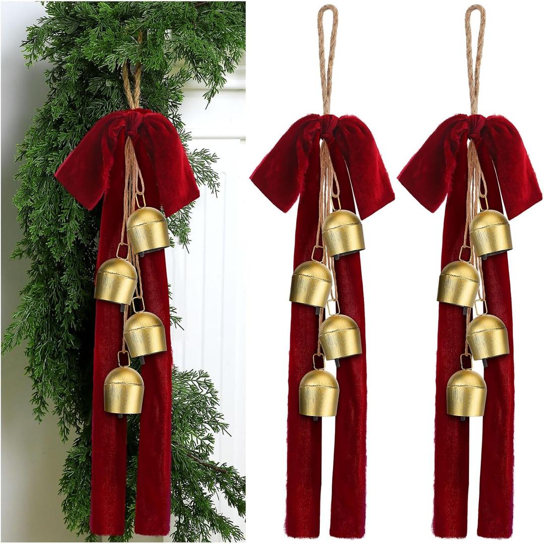 Moxweyeni 2 Sets Christmas Cow Bells with Velvet Bow 18.5 Inch Vintage Bells with Jute Hanging Rope Rustic Gold Ornaments for Wreath Teardrop Swags Wall Door Decoration (Cylindrical)